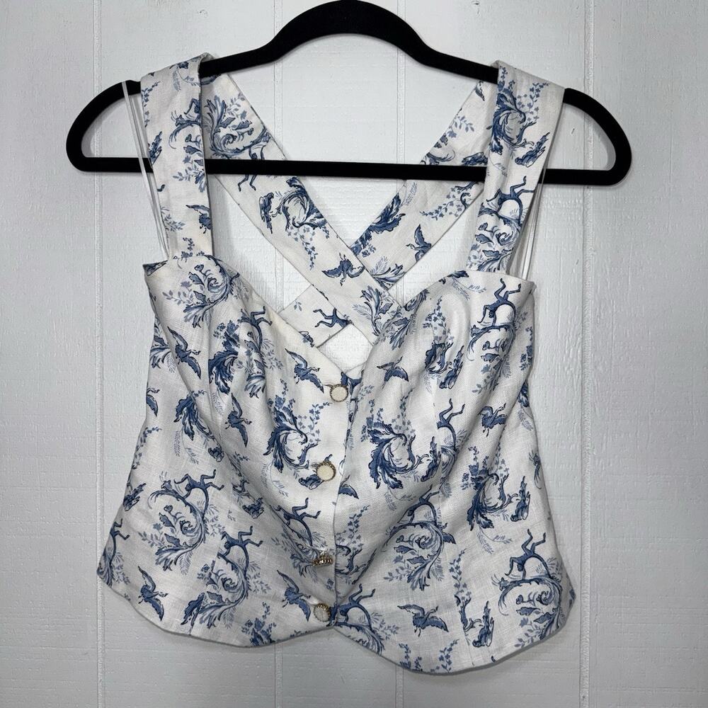 Reformation Women’s Kimberly Linen Top Blue White Size 4 - Picture 2 of 6